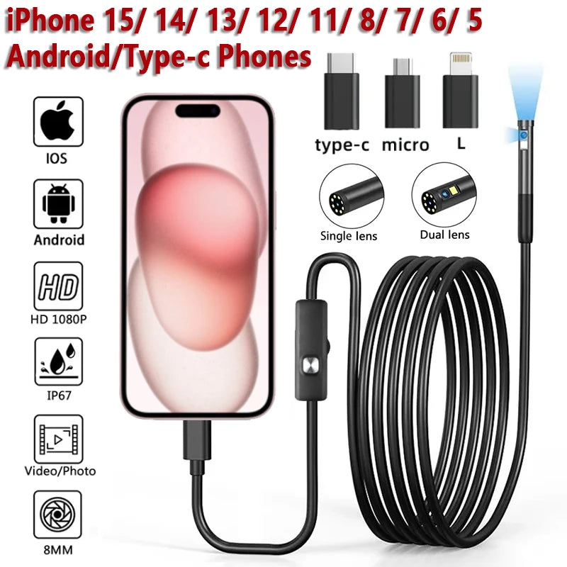 8mm 1080P Endoscope Automotive Boroscope Inspection Device Camera For Apple Iphone IOS Smart Phone Android Type C Cars Mobile Innova Techno