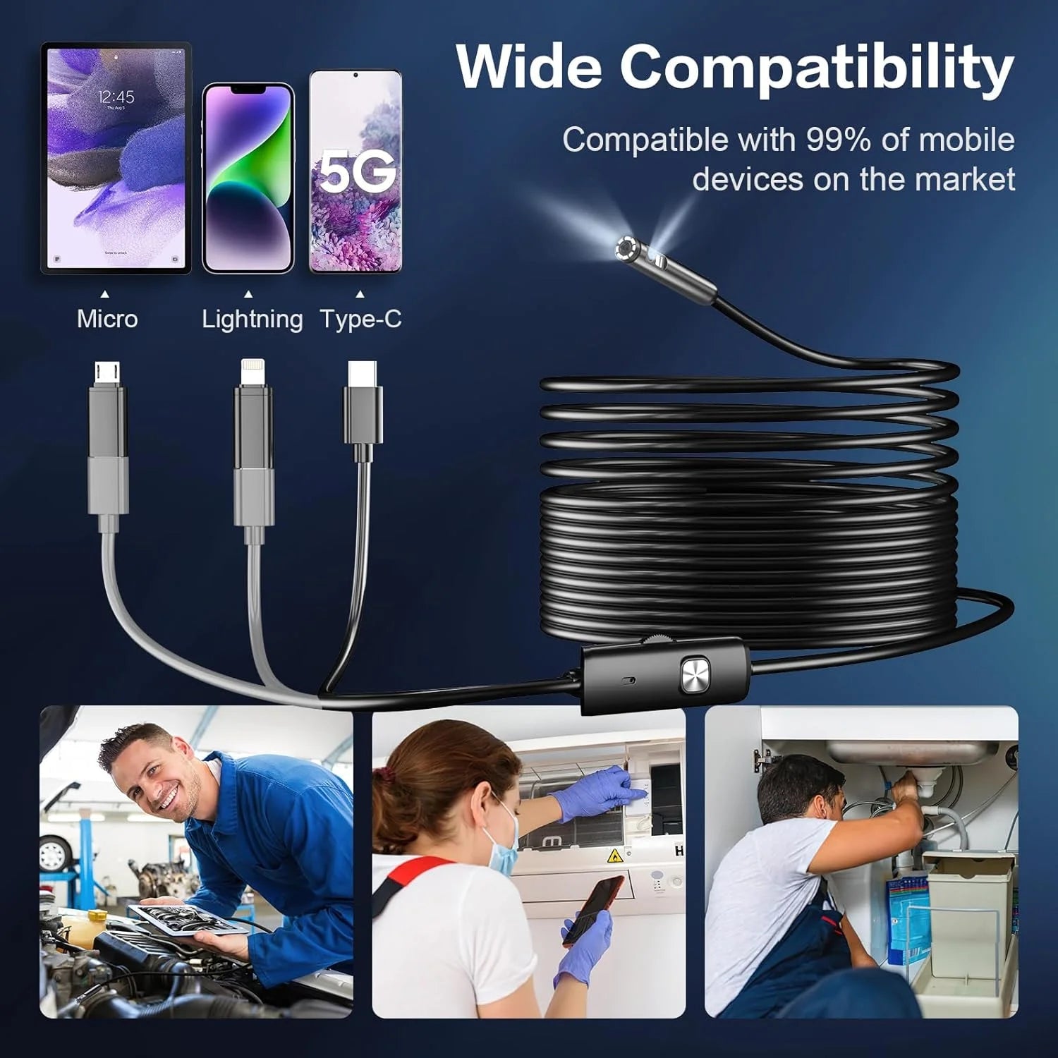 8mm 1080P Endoscope Automotive Boroscope Inspection Device Camera For Apple Iphone IOS Smart Phone Android Type C Cars Mobile Innova Techno