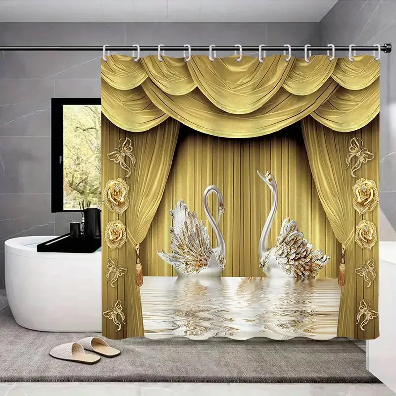 Golden Floral Swan Shower Curtain Set featuring elegant swan design and gold accents in a luxurious bathroom setting.