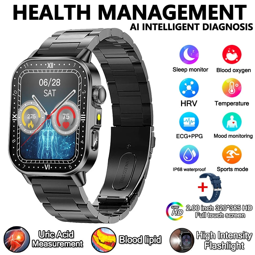 2026 New Model Uric Acid & Lipid Health Analysis Smart Watch Men ECG+PPG Bluetooth Call 2.01-inch Flashlight Smartwatch Women Innova Techno