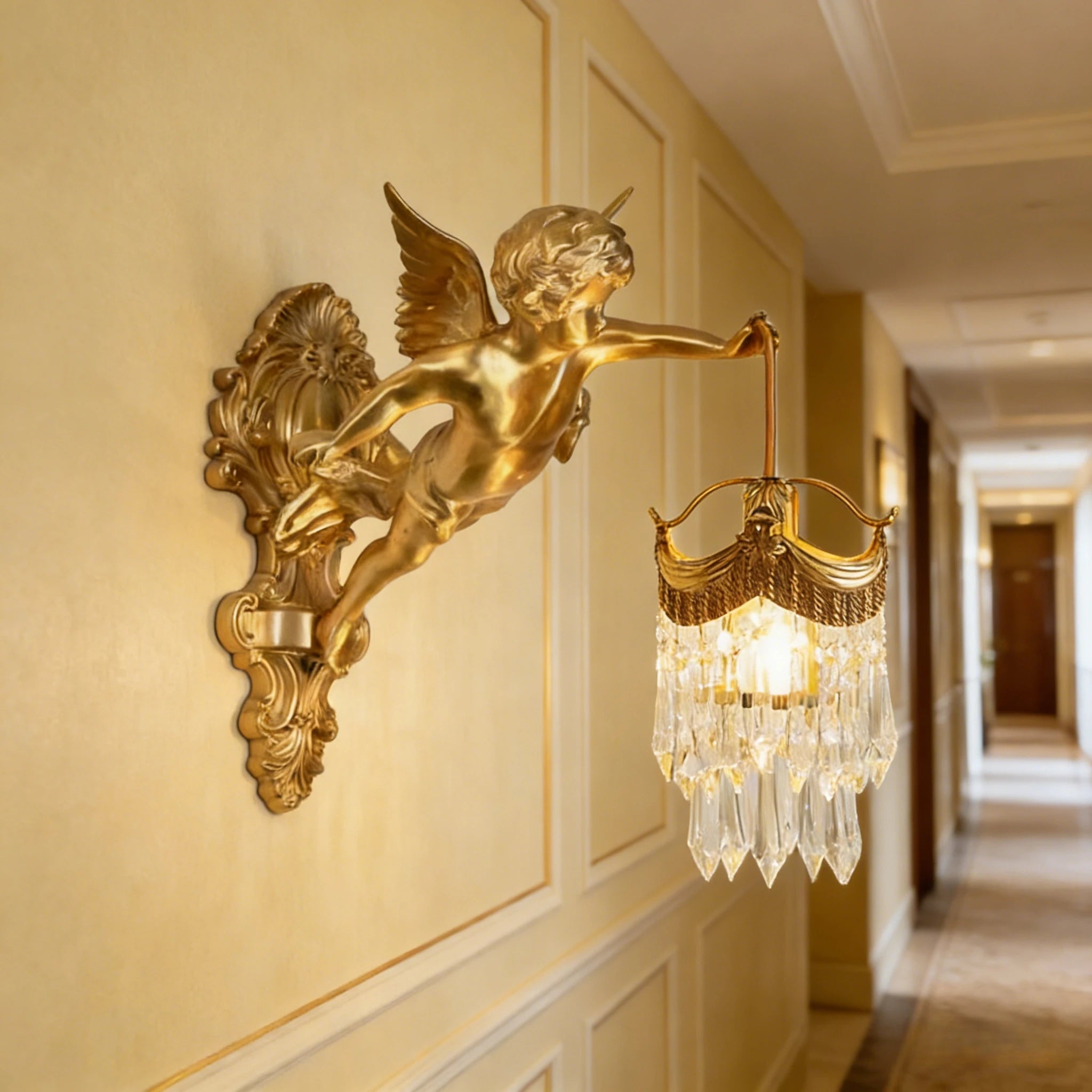 Retro French Brass Wall Lamp Hotel Bedroom Aisle Staircase Wall Angel Crystal Decorative Light Background Wall Copper Light Innova Techno
