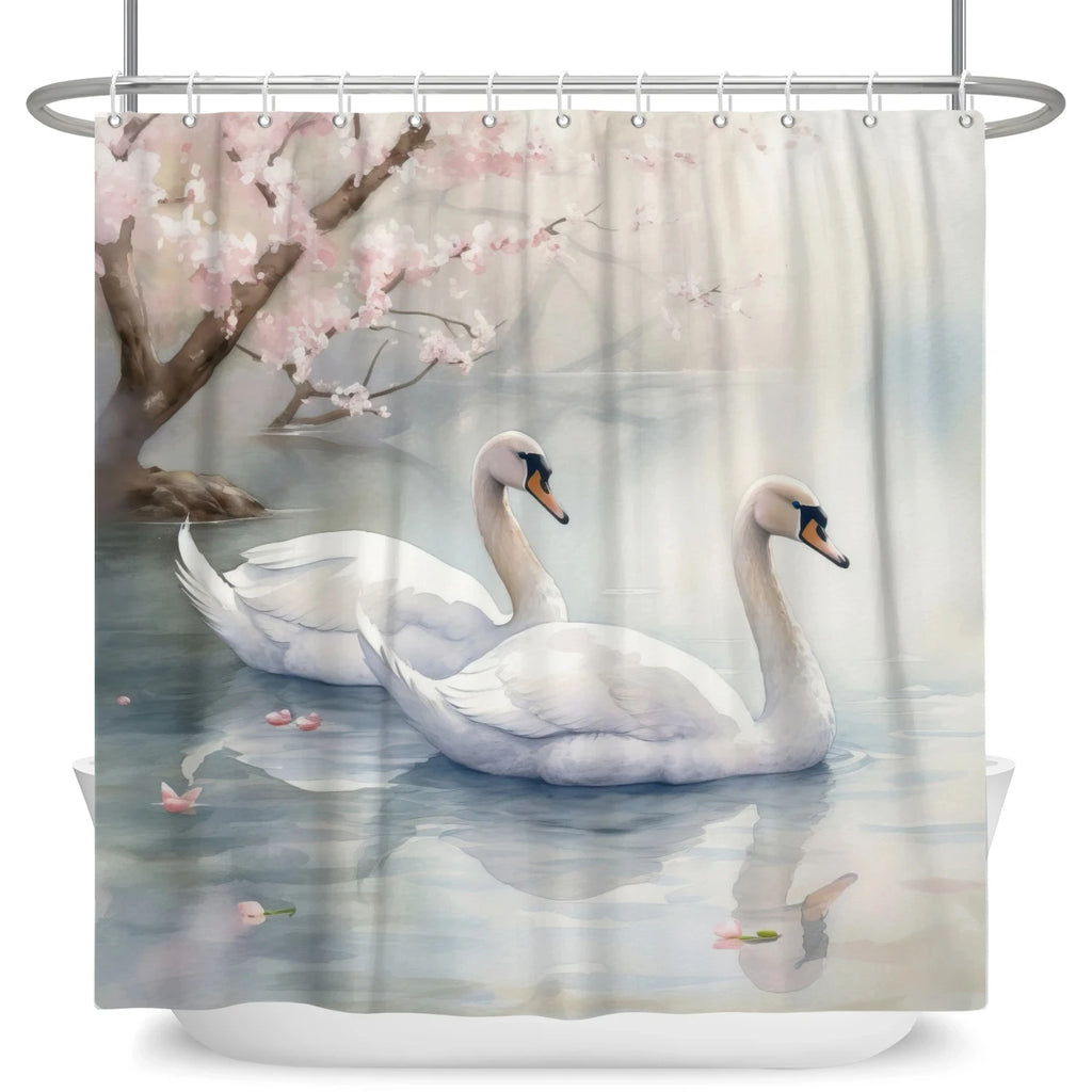 Golden Floral Swan Shower Curtain Set Waterproof Bathroom Curtain