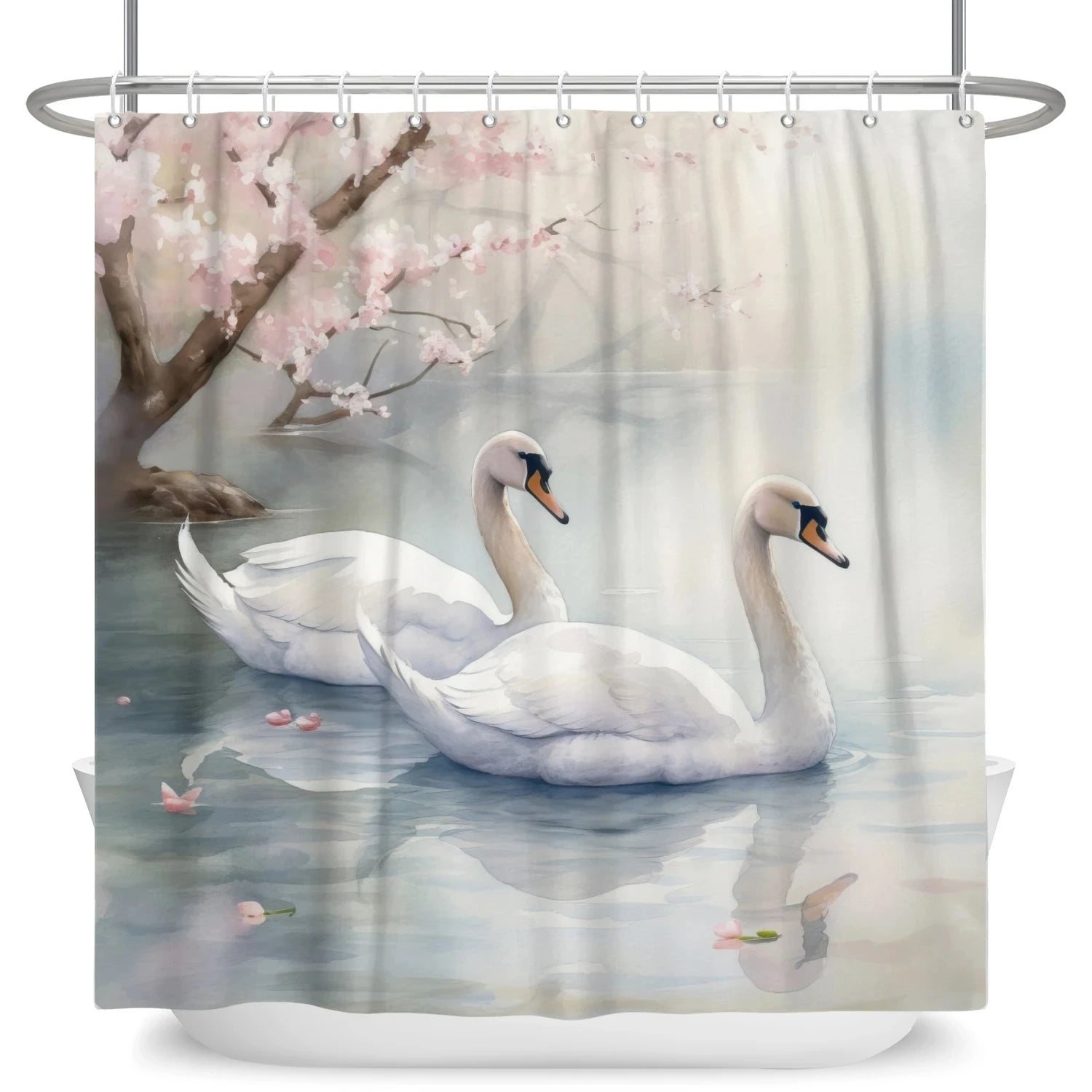 Golden Floral Swan Shower Curtain Set | Waterproof Bathroom