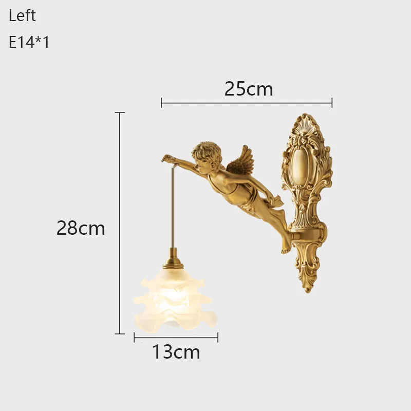 French Vintage Style Copper Angel Hanging Flower Crystal Wall Lamp Palace Corridor Entrance Porch Balcony Bedside Lighting