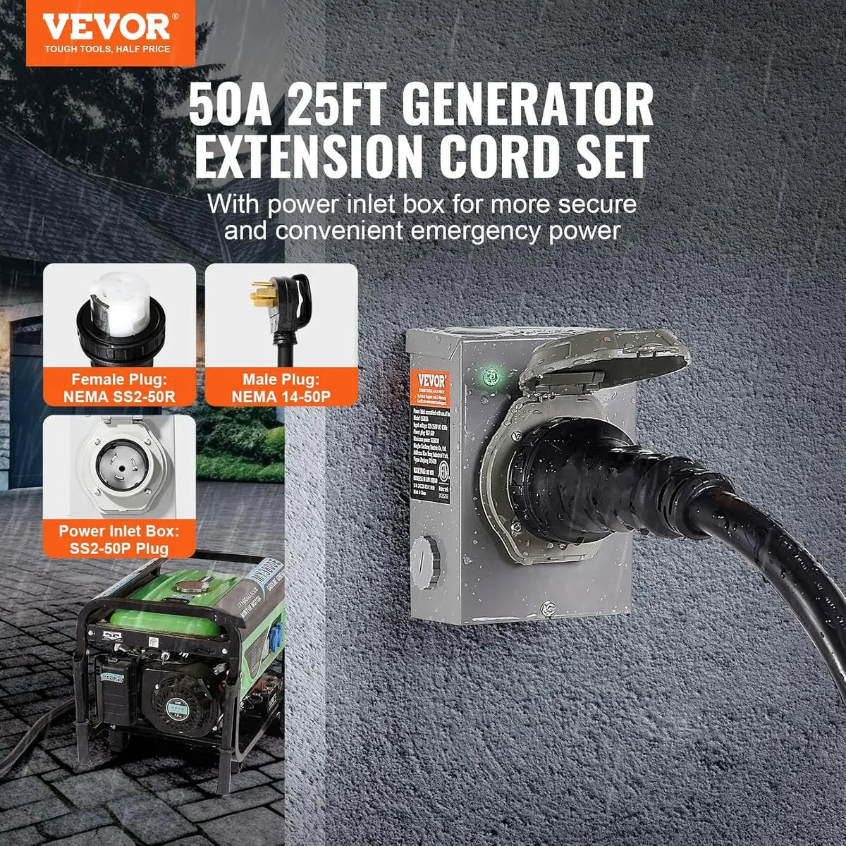 50 Amp Generator Cord and Power Inlet Box Kit, 25FT Generator Extension Cord NEMA 14-50P/SS2-50R STW 6/3+8/1 AWG
