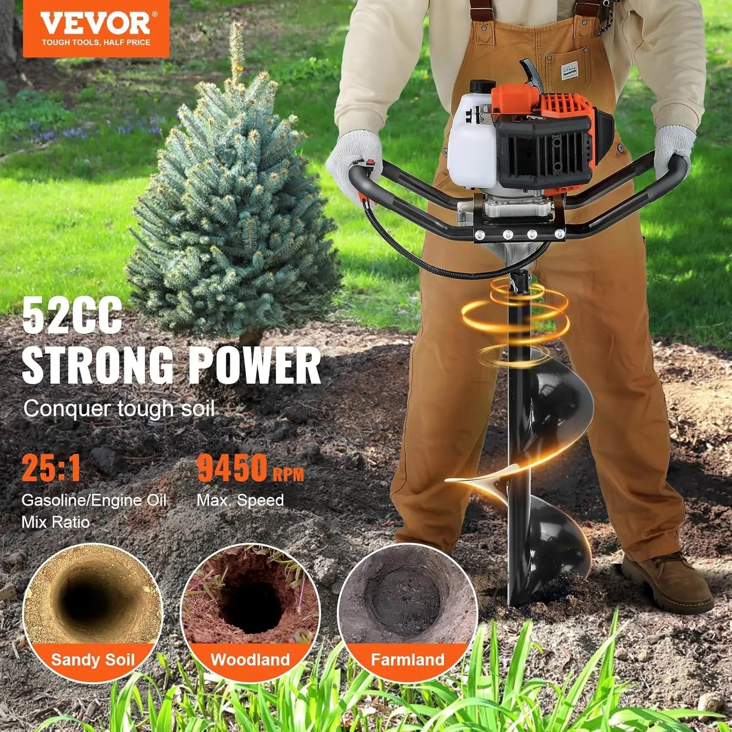 Post Hole Digger,52cc 1450W Auger Digger,Gas Powered Earth Digger with Two Drill Bit 6''& 10''and 3 Extension Rods,for Farmland Innova Techno