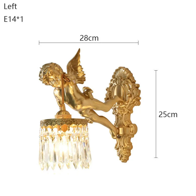 French Vintage Style Copper Angel Hanging Flower Crystal Wall Lamp Palace Corridor Entrance Porch Balcony Bedside Lighting