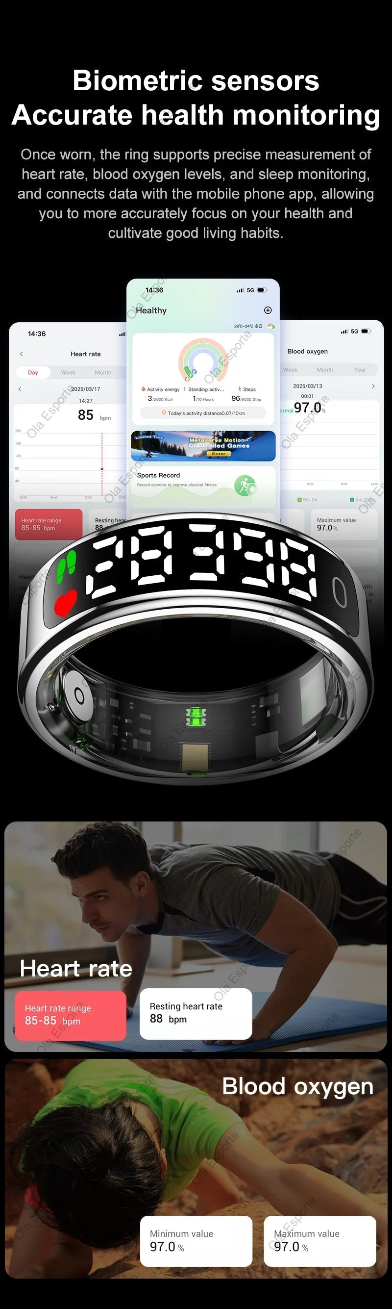 Smart Ring with Display Screen and Touch Heart Rate Blood Oxygen Sleep Health Monitoring Sports Count steps Waterproof Smartring Innova Techno