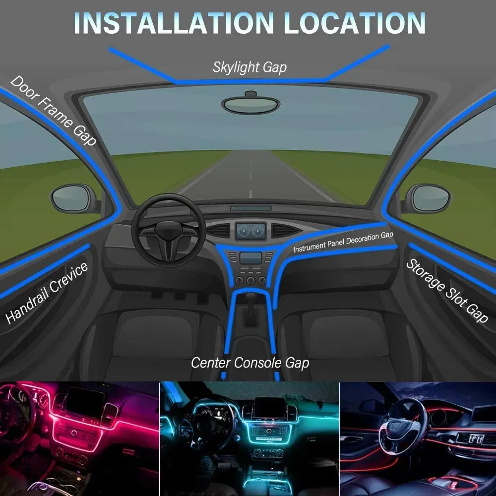 6IN1 8m Car Interior RGB Fiber Optic Ambient Light Kits APP Remote Control Music Sync Neon Strip Light 12V Car Decoration Lamp