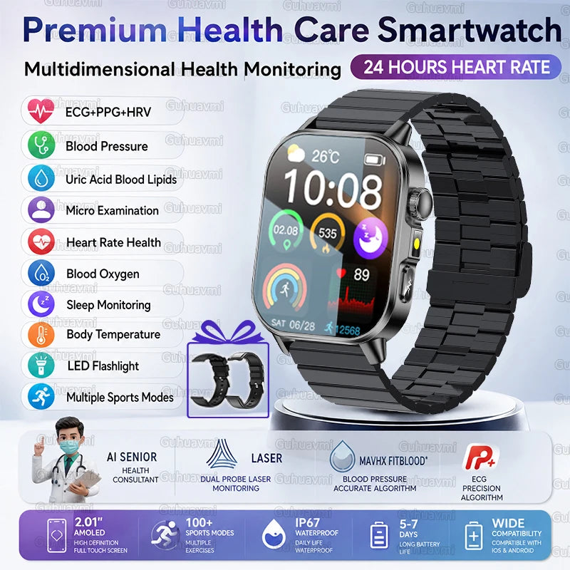 2026 New ECG+PPG Smart Healthy Diagnosis Surveillance Body Analysis Blood Pressure Lipid Uric Acid Health Smart Watches For Men