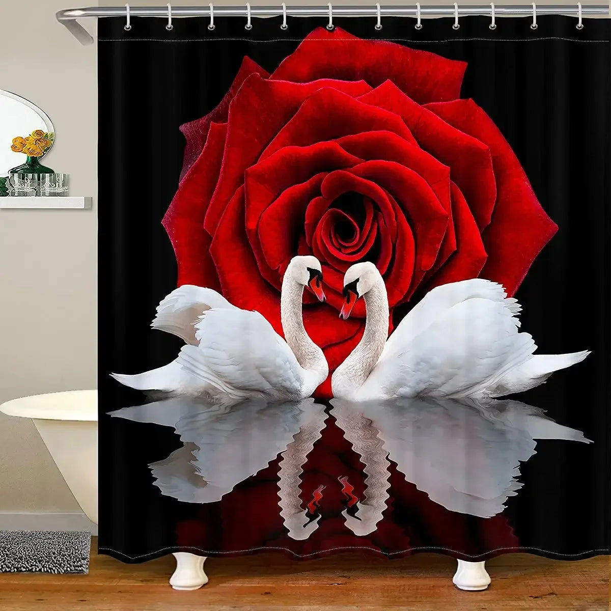 Golden Floral Swan Printed Shower Curtain Set Waterproof Bathroom Partition Curtain with Hooks, Bath Accessories Aesthetic Decor