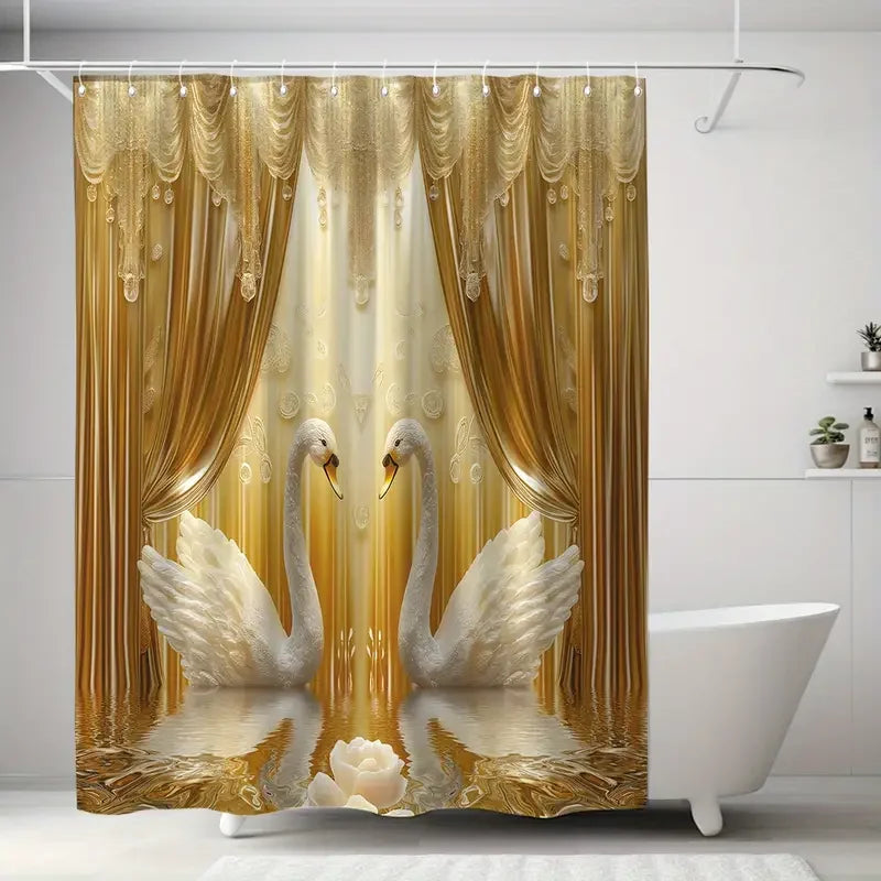 Golden Floral Swan Printed Shower Curtain Set Waterproof Bathroom Partition Curtain with Hooks, Bath Accessories Aesthetic Decor