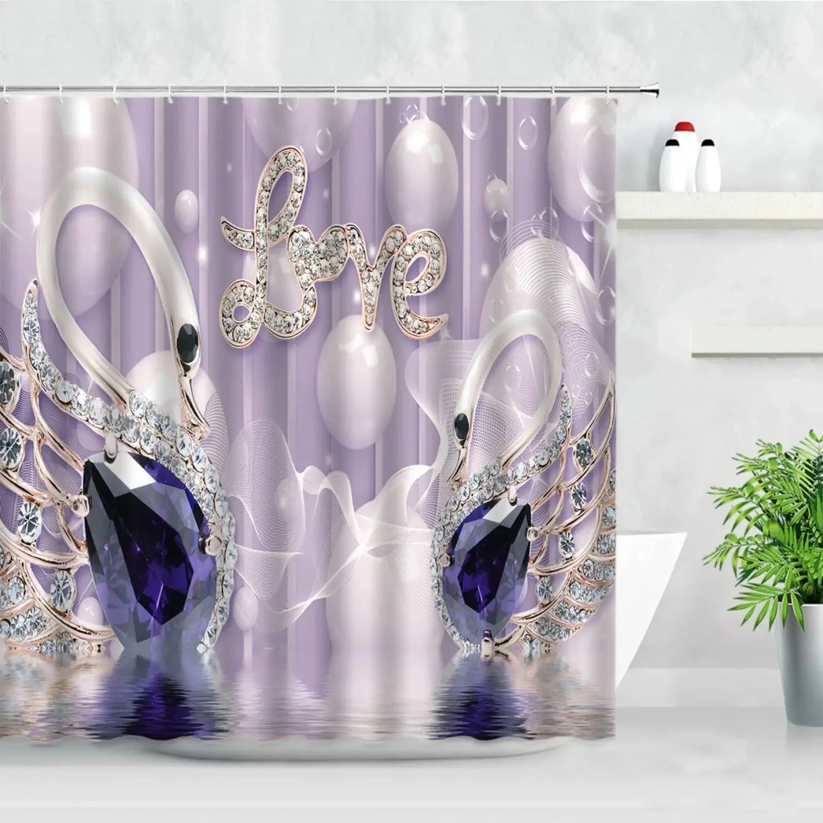 Golden Floral Swan Printed Shower Curtain Set Waterproof Bathroom Partition Curtain with Hooks, Bath Accessories Aesthetic Decor