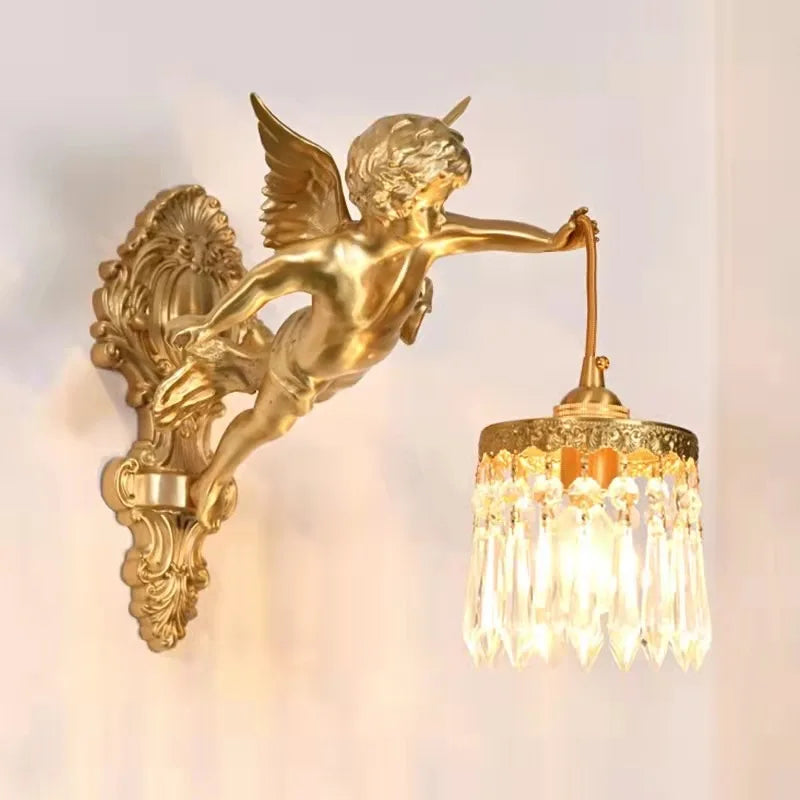 Retro French Brass Wall Lamp Hotel Bedroom Aisle Staircase Wall Angel Crystal Decorative Light Background Wall Copper Light Innova Techno