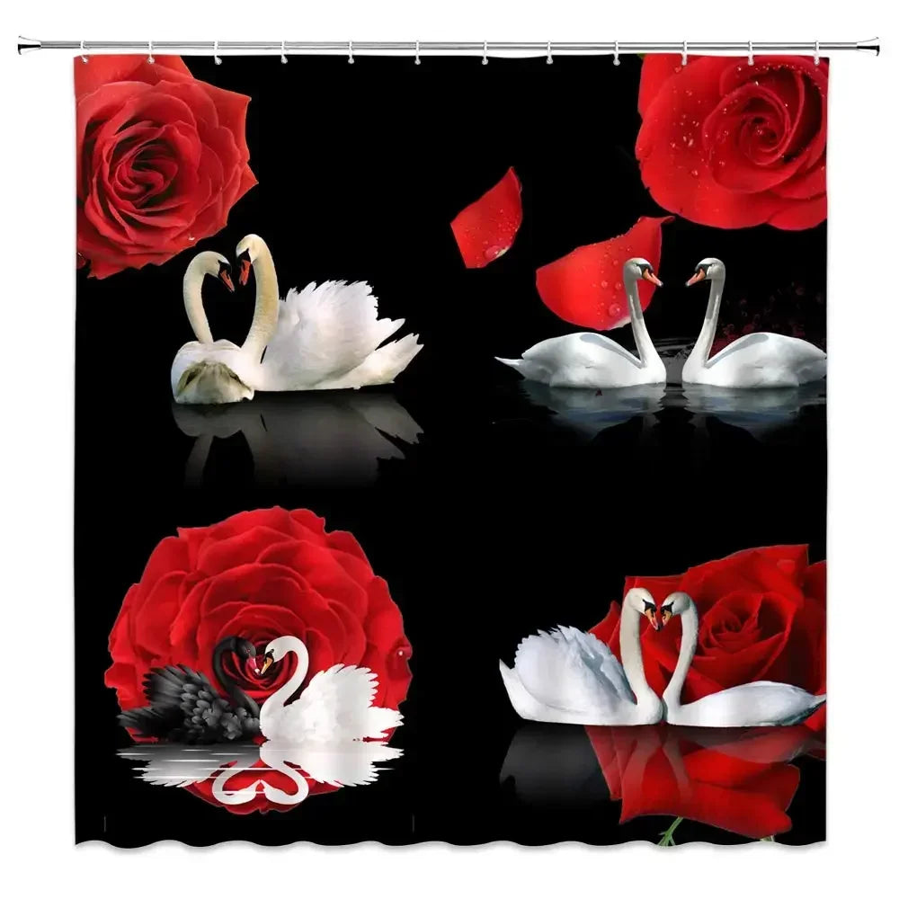 Golden Floral Swan Shower Curtain Set | Waterproof Bathroom
