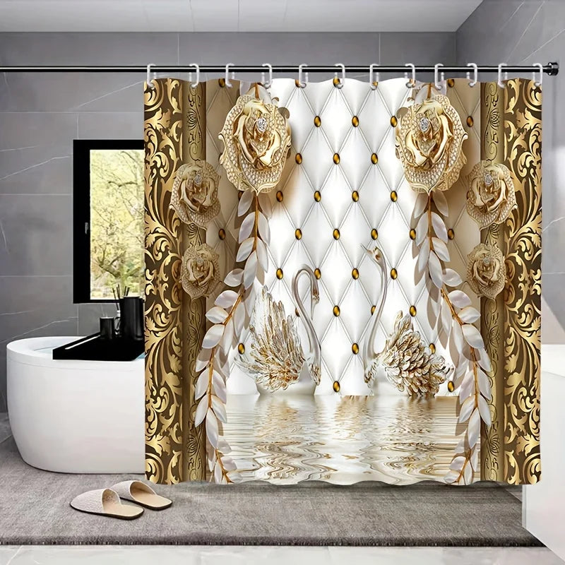 Golden Floral Swan Printed Shower Curtain Set Waterproof Bathroom Partition Curtain with Hooks, Bath Accessories Aesthetic Decor