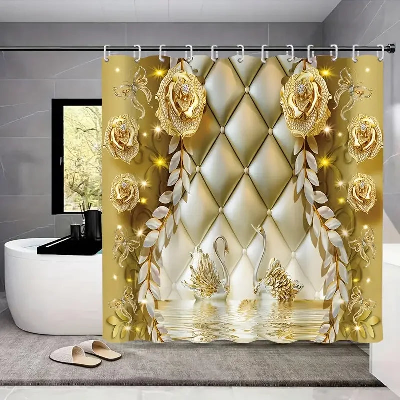 Golden Floral Swan Shower Curtain Set Waterproof Bathroom Curtain