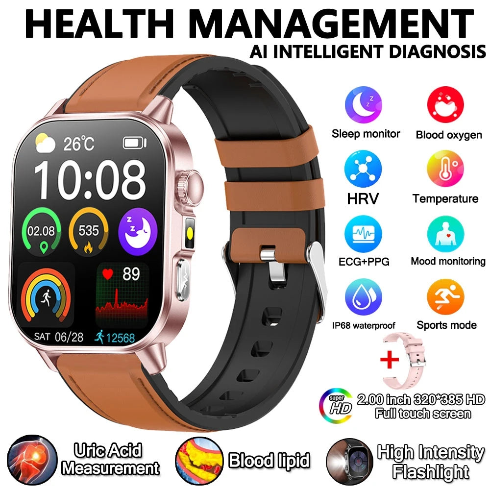 2026 New Model Uric Acid & Lipid Health Analysis Smart Watch Men ECG+PPG Bluetooth Call 2.01-inch Flashlight Smartwatch Women Innova Techno