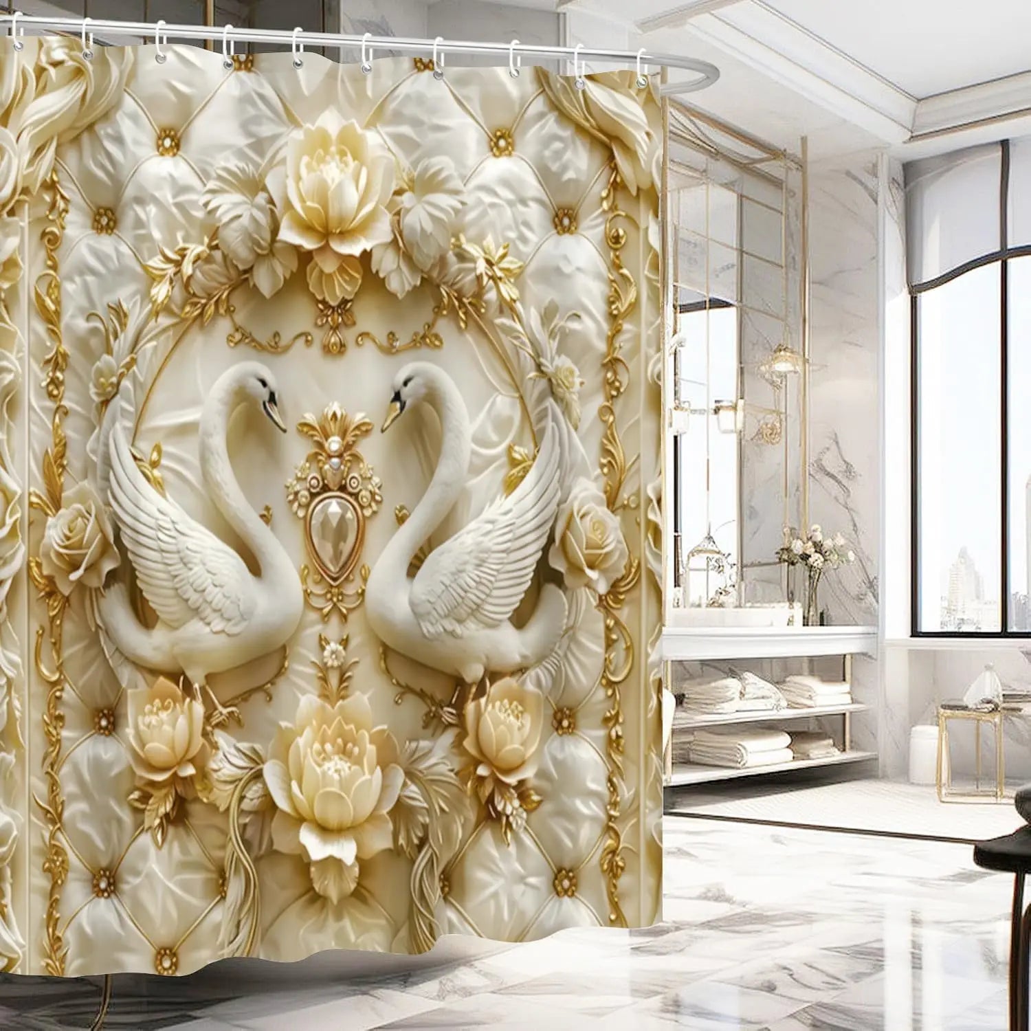 4 Piece Luxury Swan Reliefs Shower Curtain Set - Elegant Bird Printed Bathroom Decor - Washable Fabric Curtain - Rugs and Covers Innova Techno