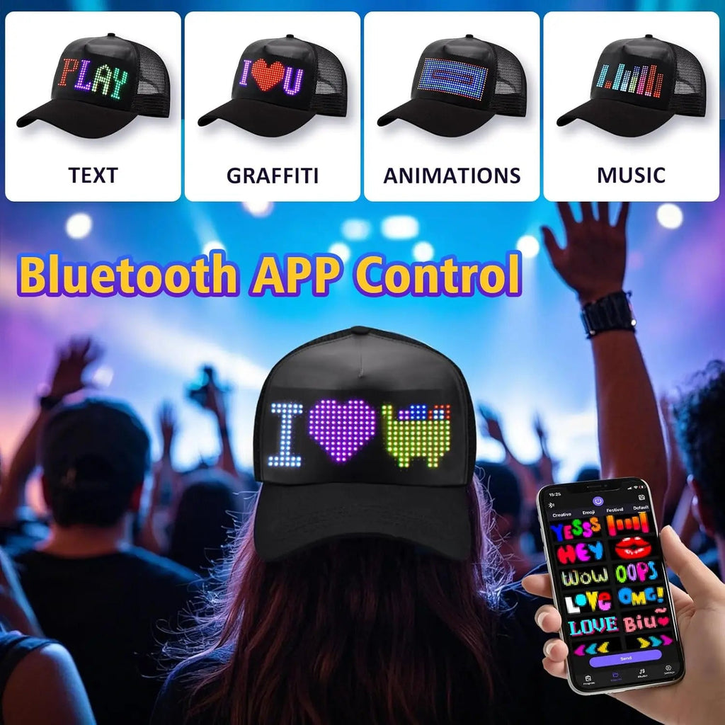 Led Baseball Cap Usb App Control Bluetooth Rechargeable Scrolling Atmosphere Message Board Hop Display Hat Glowing Hat Hip Innova Techno