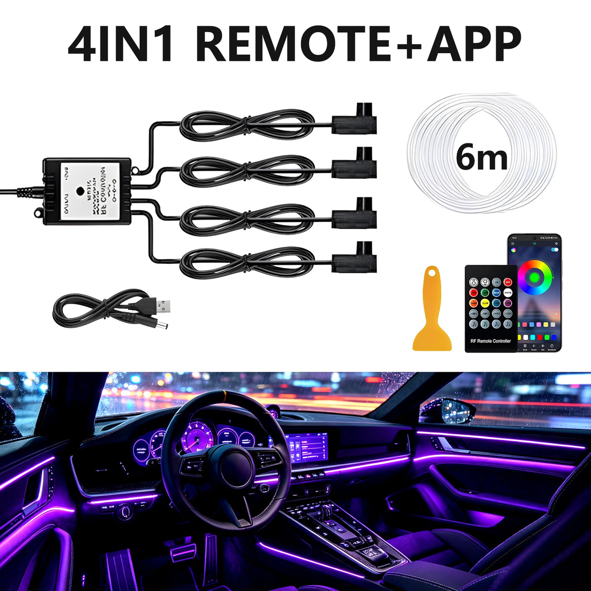 6IN1 8m Car Interior RGB Fiber Optic Ambient Light Kits APP Remote Control Music Sync Neon Strip Light 12V Car Decoration Lamp