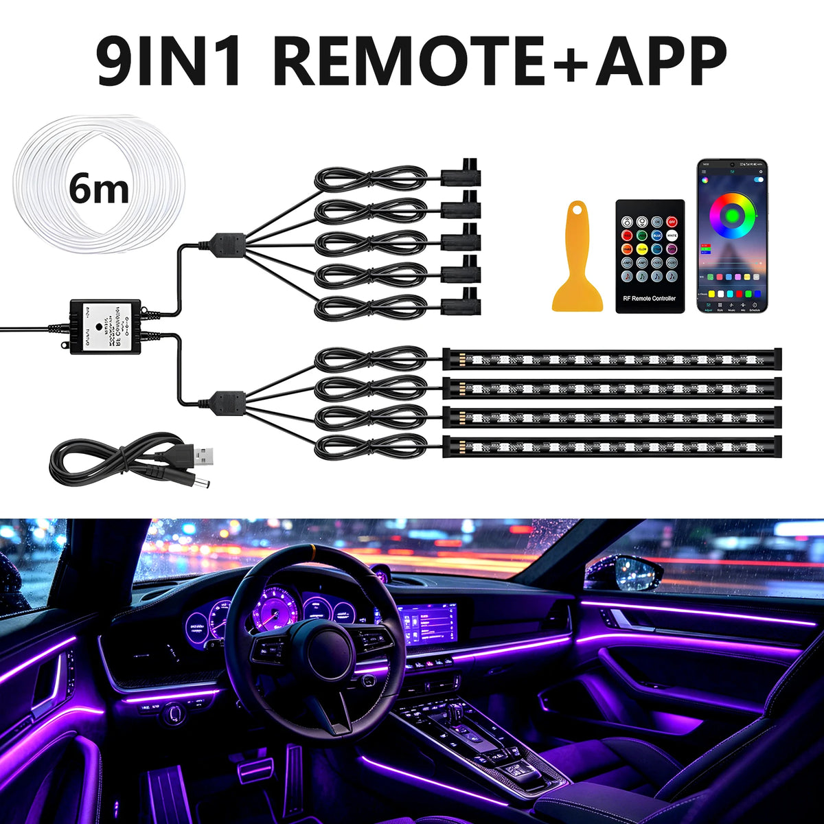 6IN1 8m Car Interior RGB Fiber Optic Ambient Light Kits APP Remote Control Music Sync Neon Strip Light 12V Car Decoration Lamp