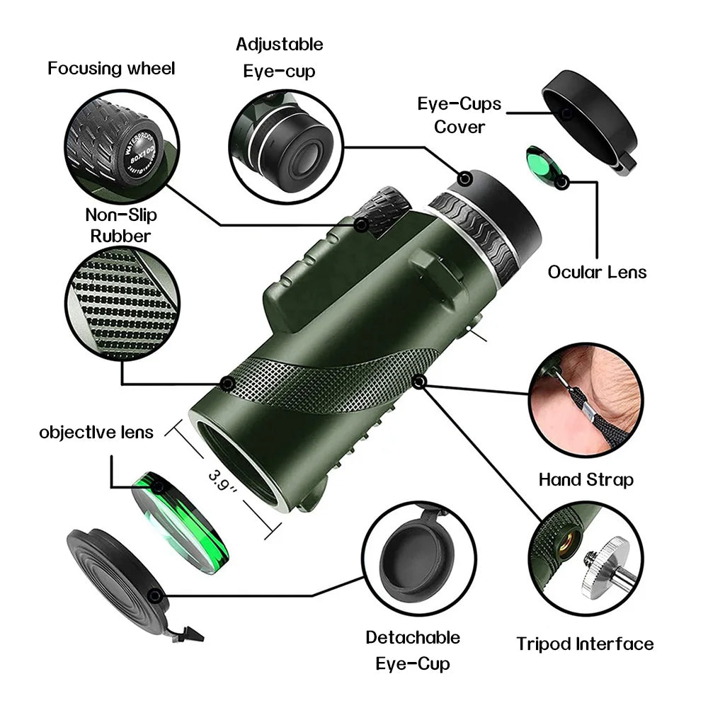 80x100 HD Monocular For Smartphone Adapter & Tripod Telescope With BAK4 Prism For Outdoor Camping ,Birdwatching, Hunting, Hiking Innova Techno