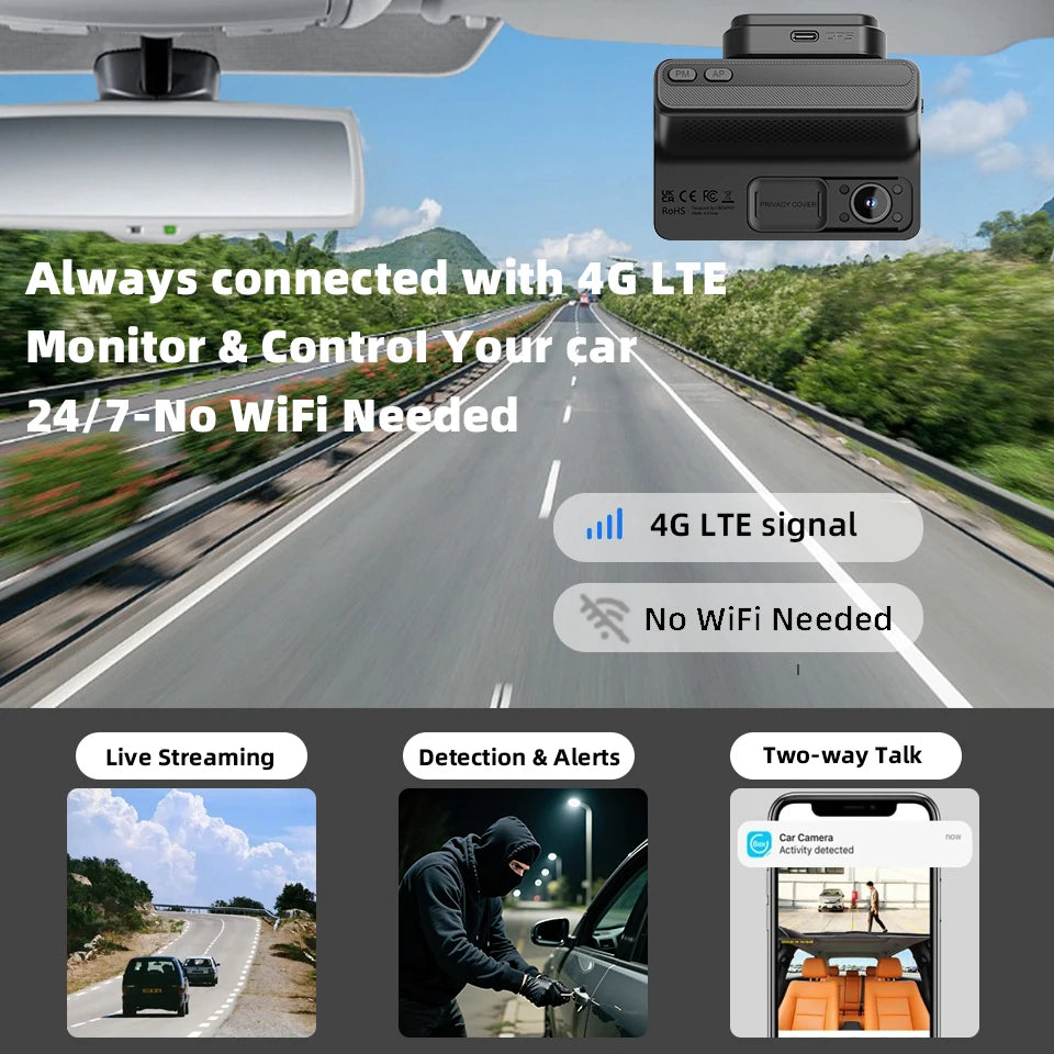 4G LTE Car Dash Cam Front and Inside Remote Live View Two-Way Talk 24/7 Parking GPS Tracker IR Night Vision Vehicle Security DVR Innova Techno