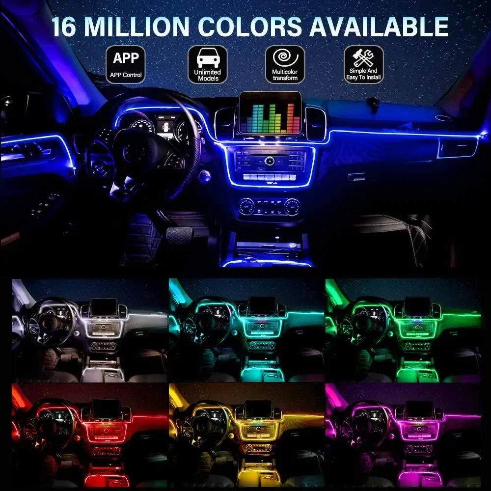 6IN1 8m Car Interior RGB Fiber Optic Ambient Light Kits APP Remote Control Music Sync Neon Strip Light 12V Car Decoration Lamp