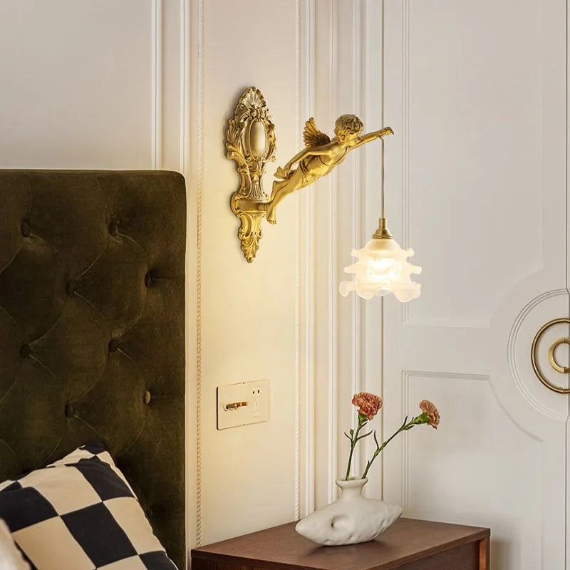 French Vintage Style Copper Angel Hanging Flower Crystal Wall Lamp Palace Corridor Entrance Porch Balcony Bedside Lighting