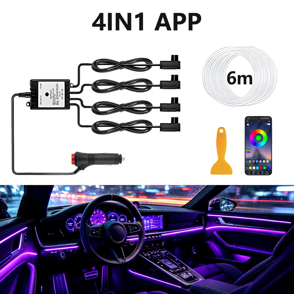 6IN1 8m Car Interior RGB Fiber Optic Ambient Light Kits APP Remote Control Music Sync Neon Strip Light 12V Car Decoration Lamp