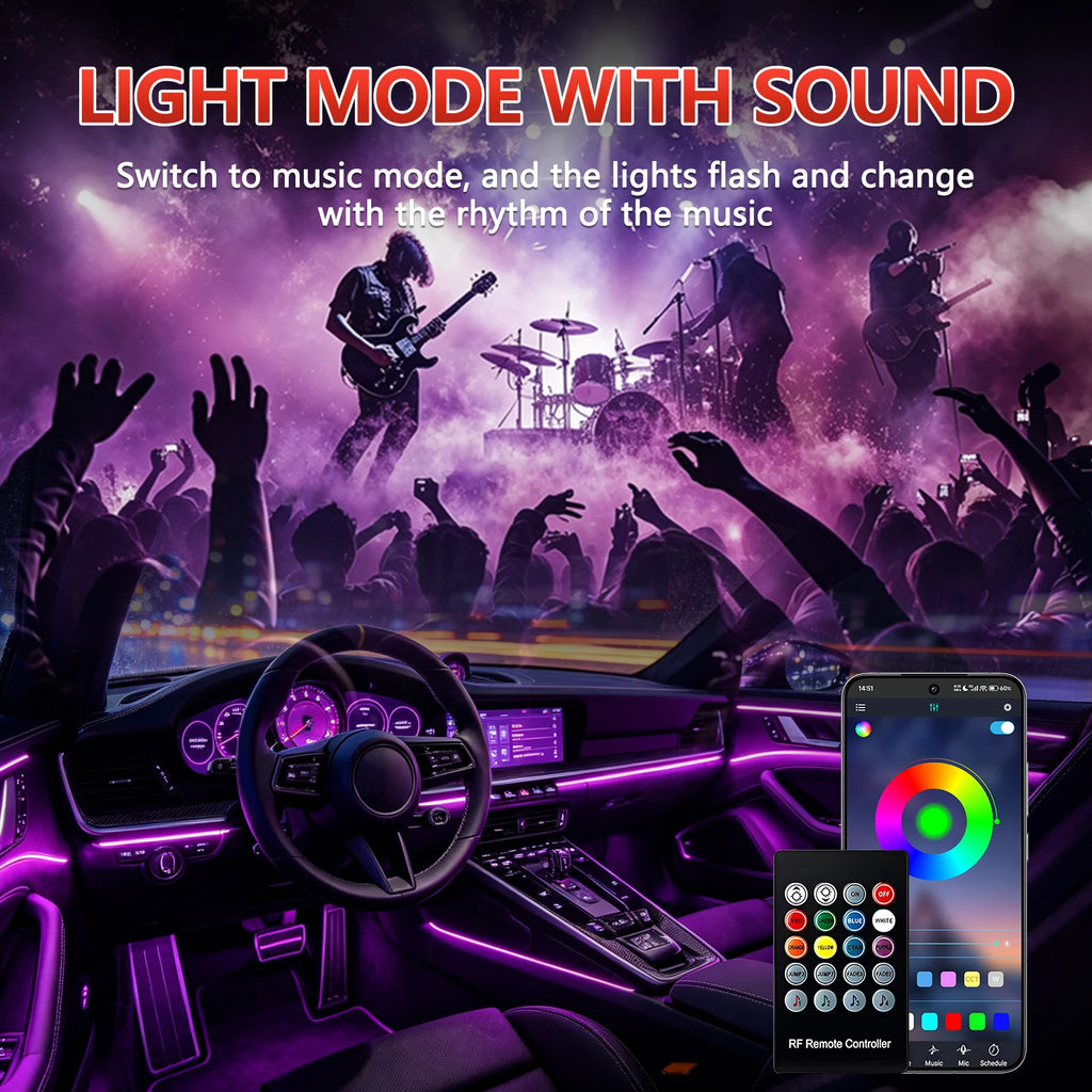 6IN1 8m Car Interior RGB Fiber Optic Ambient Light Kits APP Remote Control Music Sync Neon Strip Light 12V Car Decoration Lamp