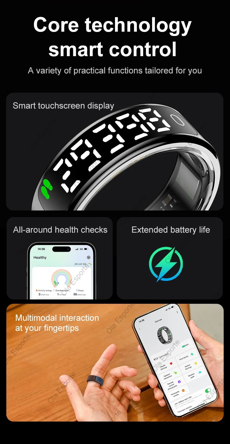 Smart Ring with Display Screen and Touch Heart Rate Blood Oxygen Sleep Health Monitoring Sports Count steps Waterproof Smartring Innova Techno