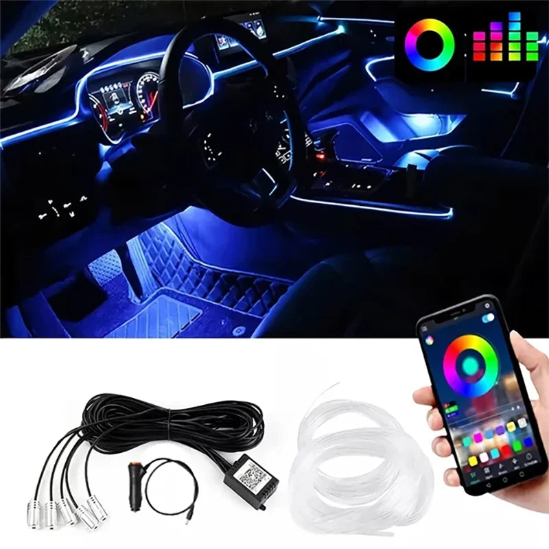 5 in 1 Car Interior LED Ambient Light Strip 6M Fiber Optic Atmosphere Nelon Lighting Kit APP Remote Control Auto Decorative Lamp Innova Techno