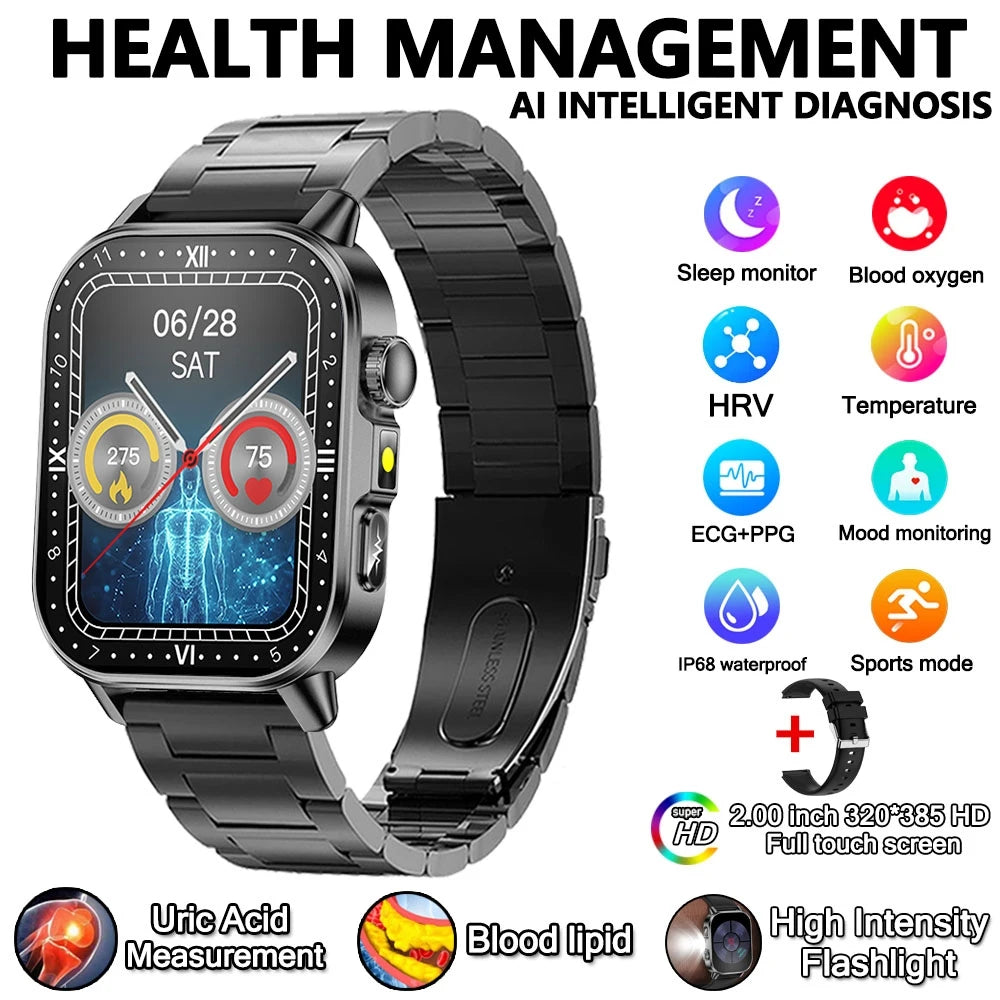 2026 New Model Uric Acid & Lipid Health Analysis Smart Watch Men ECG+PPG Bluetooth Call 2.01-inch Flashlight Smartwatch Women Innova Techno