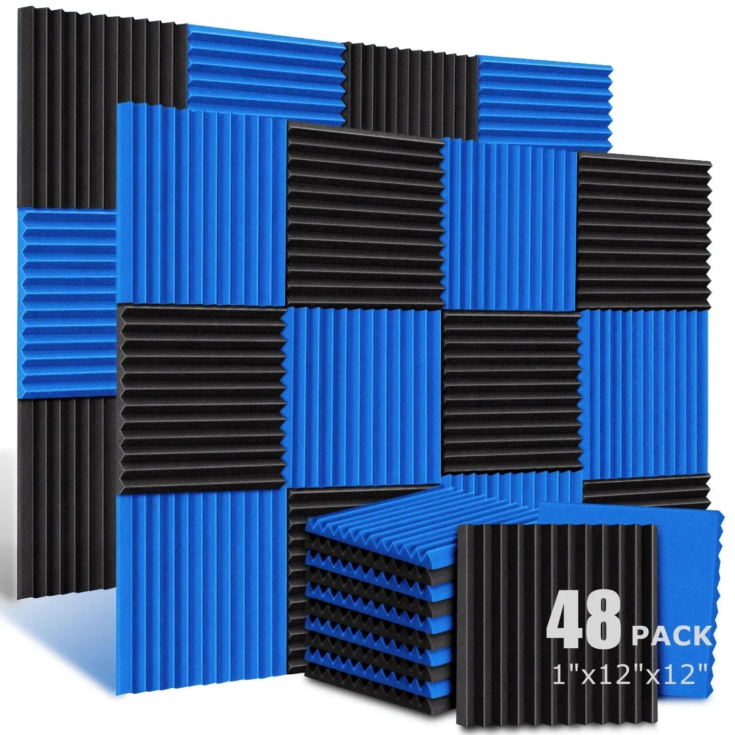 48Pcs 1" X 12" X 12" Acoustic Foam Panels Studio Soundproofing Wedge Sound Proof Wall Panels Acoust Insulation Foam Black Blue Innova Techno