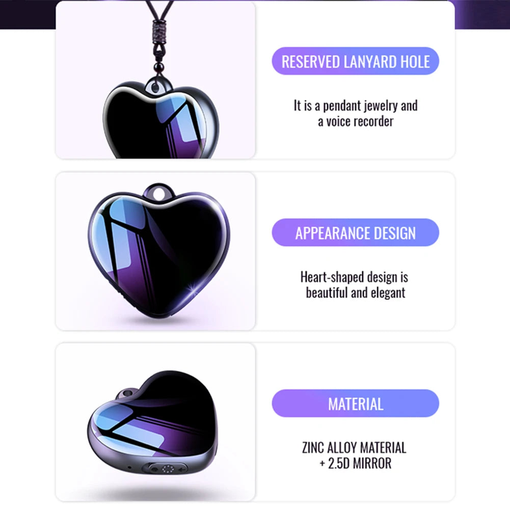 Mini Voice Recorder Heart Shape Voice Activated Recorder LED Indicator Micro Recording Pendant for Lectures Meetings Interviews