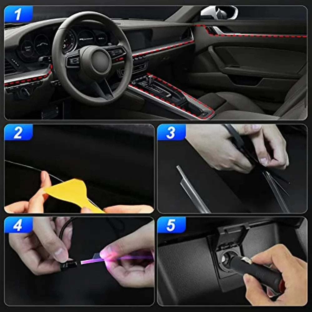 6IN1 8m Car Interior RGB Fiber Optic Ambient Light Kits APP Remote Control Music Sync Neon Strip Light 12V Car Decoration Lamp