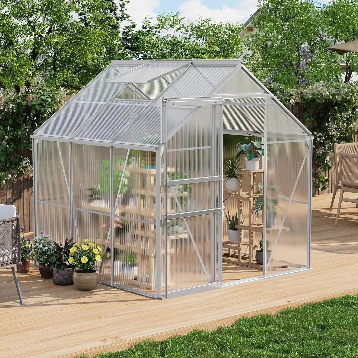 6x6 ft Outdoor Greenhouse Kit, Heavy Duty Polycarbonate Greenhouse with Reinforced Aluminum Frame, Adjustable Roof Vent,