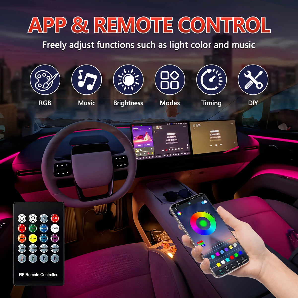 6IN1 8m Car Interior RGB Fiber Optic Ambient Light Kits APP Remote Control Music Sync Neon Strip Light 12V Car Decoration Lamp