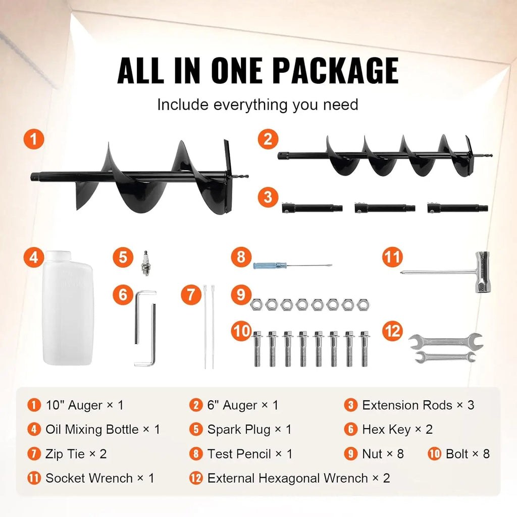 Post Hole Digger,52cc 1450W Auger Digger,Gas Powered Earth Digger with Two Drill Bit 6''& 10''and 3 Extension Rods,for Farmland Innova Techno