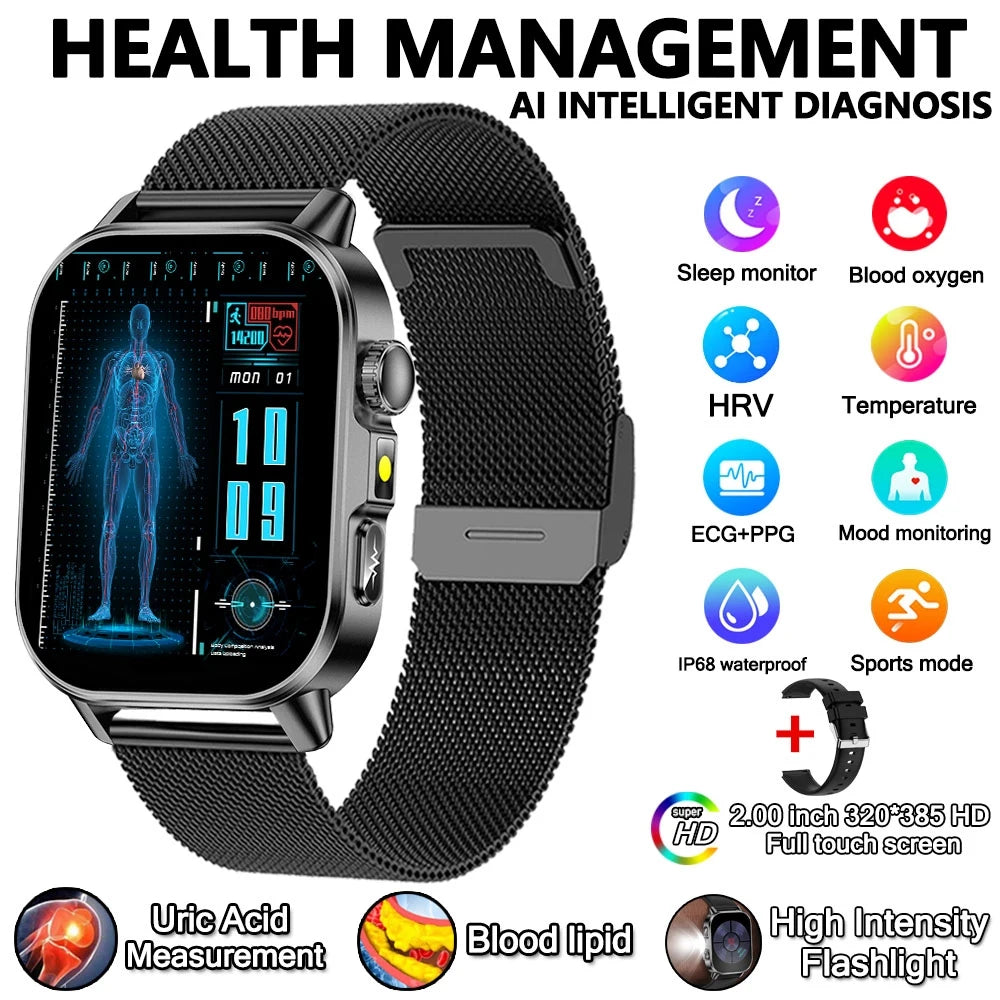2026 New Model Uric Acid & Lipid Health Analysis Smart Watch Men ECG+PPG Bluetooth Call 2.01-inch Flashlight Smartwatch Women Innova Techno