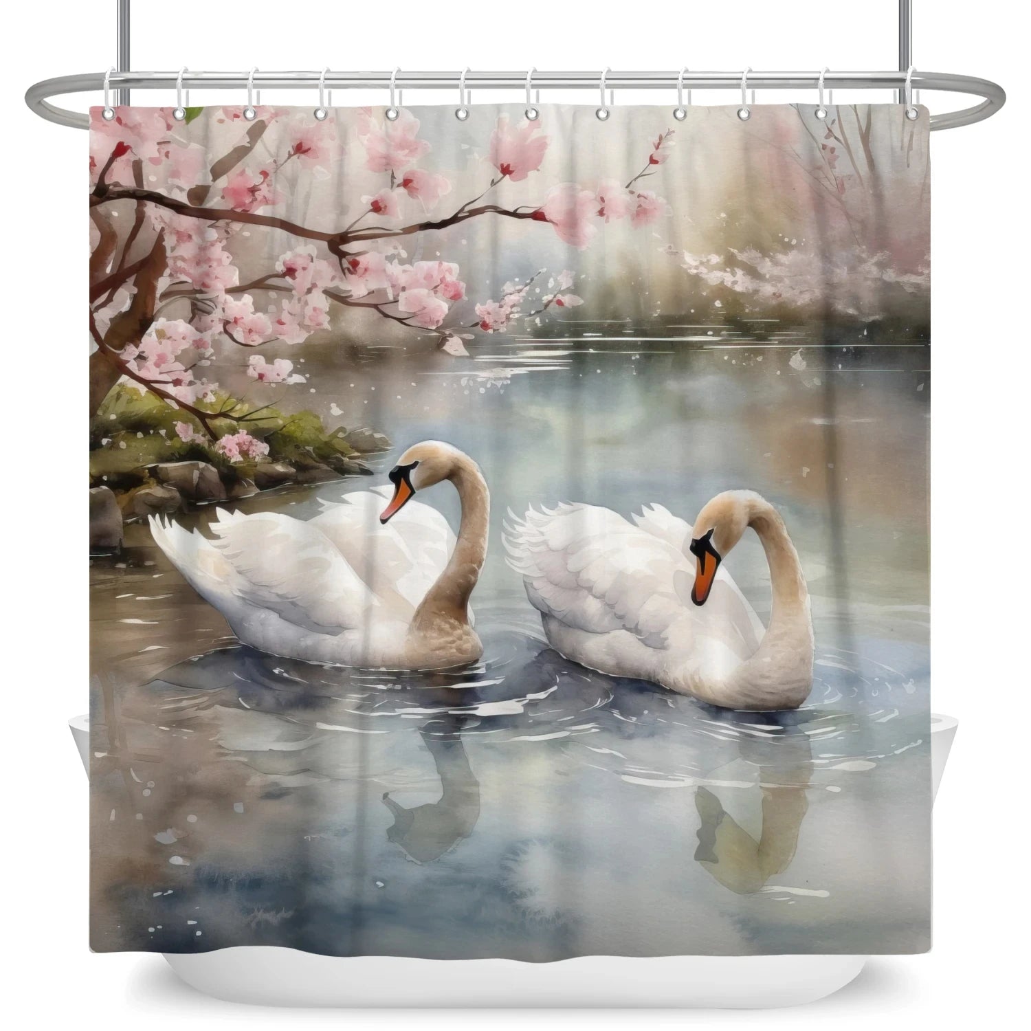 Golden Floral Swan Shower Curtain Set | Waterproof Bathroom