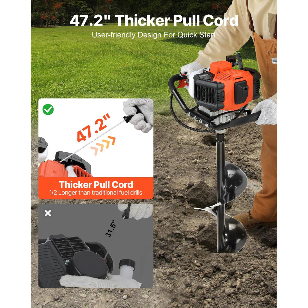 SucceBuy 1450W Gas Powered Post Hole Digger 52cc Post Hole Auger with 6" & 10" Bits 3 Extension Rods for Fence Posts EPA Listed