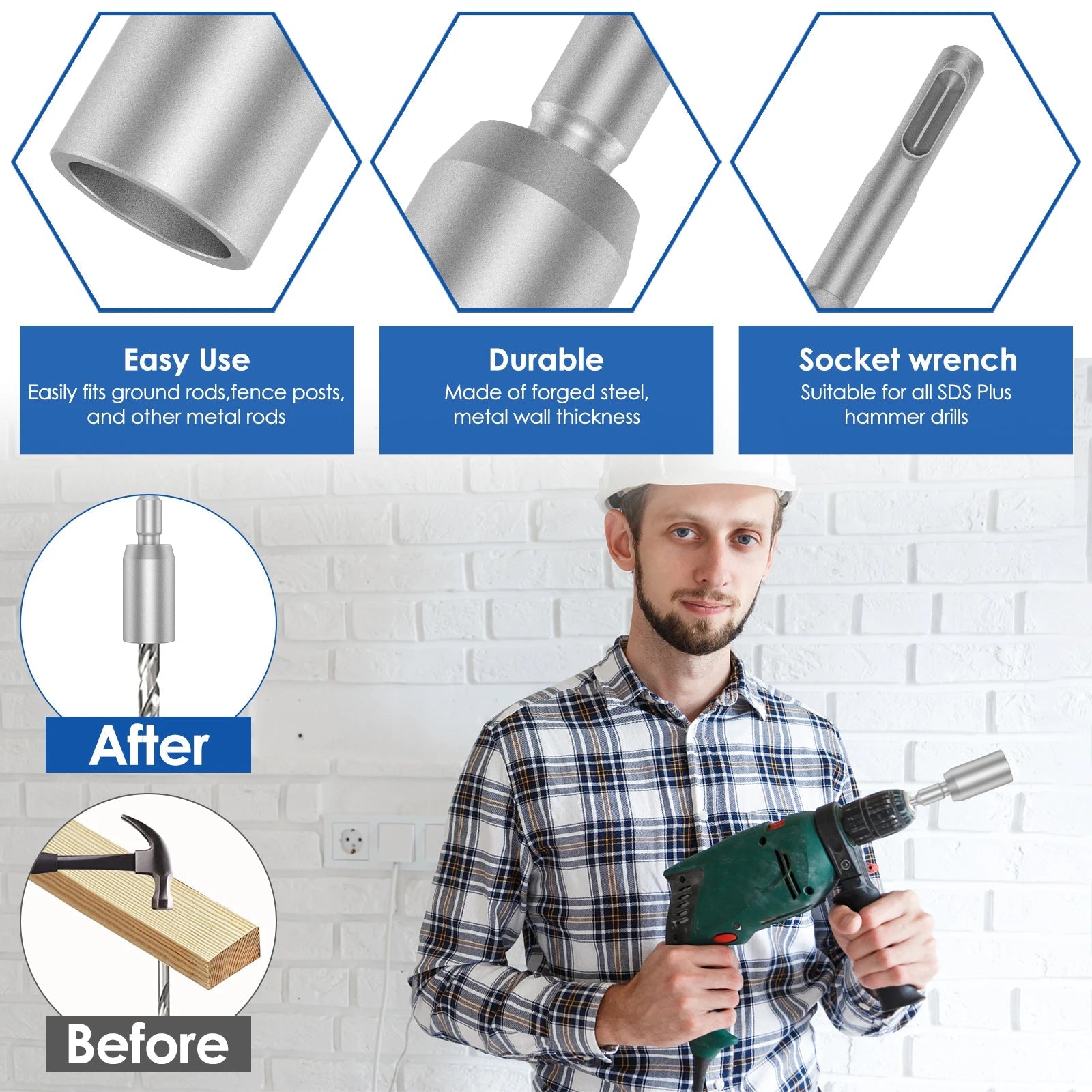 30/45/65mm Heavy Duty SDS-Plus T Post Ground Rod Driver Tool Forged Steel Drill Bit Driver Durable Hammer Drill Rod Converter Innova Techno