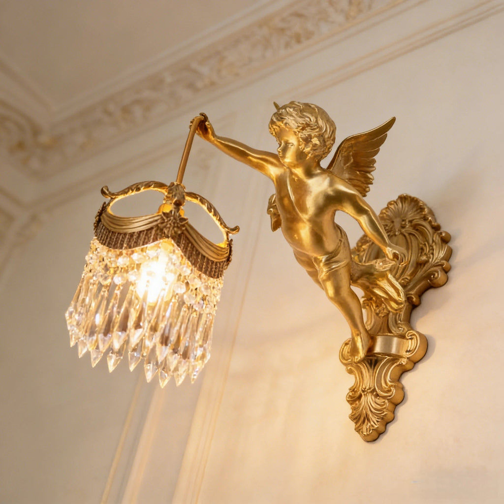 Retro French Brass Wall Lamp Hotel Bedroom Aisle Staircase Wall Angel Crystal Decorative Light Background Wall Copper Light Innova Techno