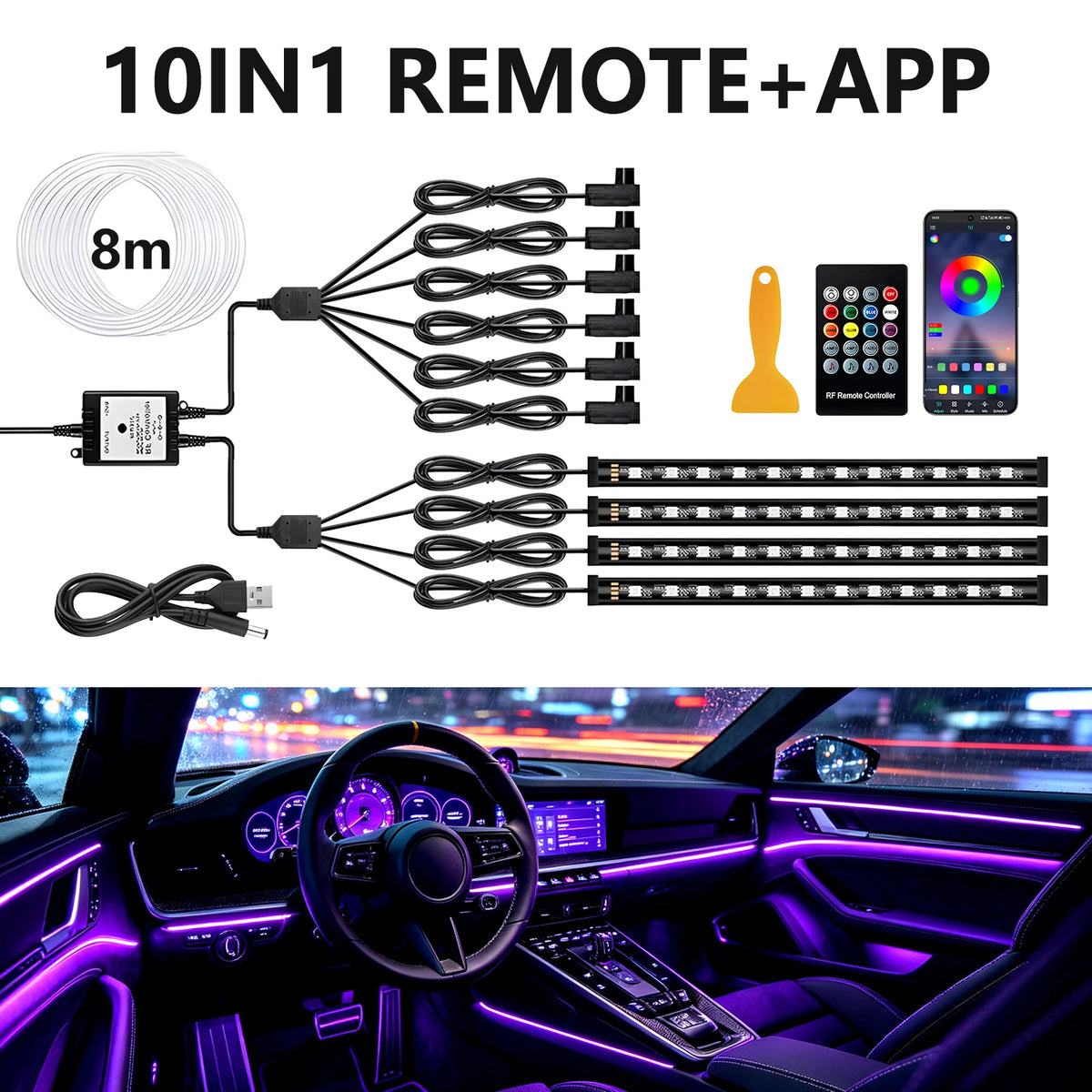 6IN1 8m Car Interior RGB Fiber Optic Ambient Light Kits APP Remote Control Music Sync Neon Strip Light 12V Car Decoration Lamp