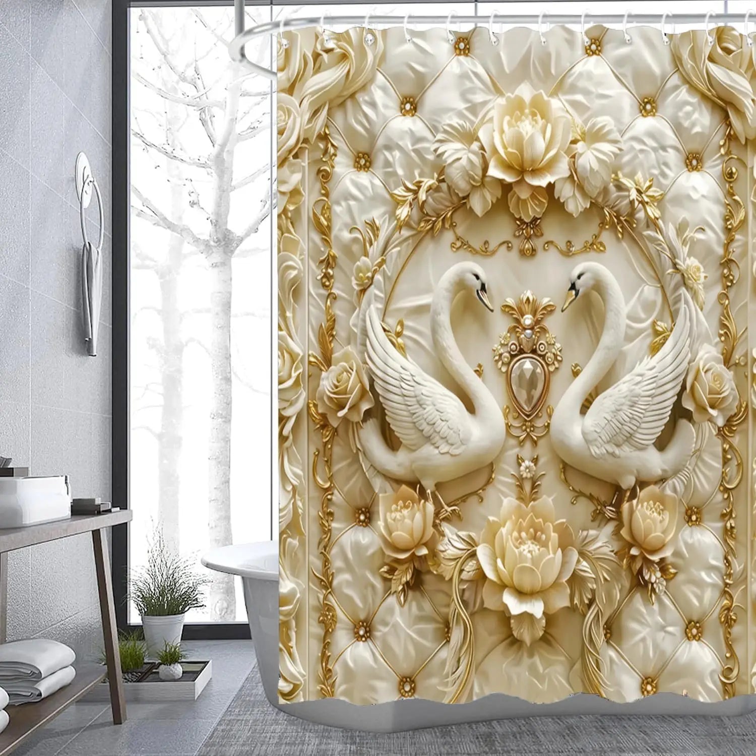 4 Piece Luxury Swan Reliefs Shower Curtain Set - Elegant Bird Printed Bathroom Decor - Washable Fabric Curtain - Rugs and Covers Innova Techno