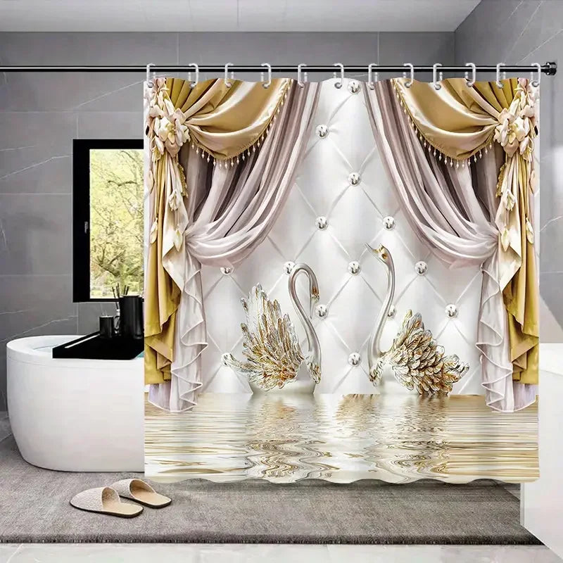 Golden Floral Swan Printed Shower Curtain Set Waterproof Bathroom Partition Curtain with Hooks, Bath Accessories Aesthetic Decor