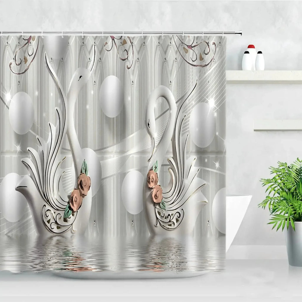 Golden Floral Swan Printed Shower Curtain Set Waterproof Bathroom Partition Curtain with Hooks, Bath Accessories Aesthetic Decor